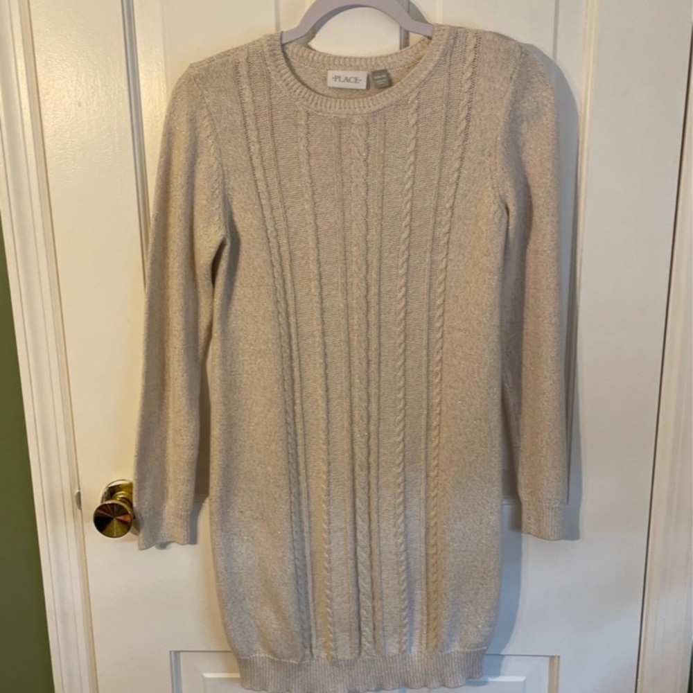 Children’s Place Ivory Cream Gold Threaded Cable Knit Sweater Dress